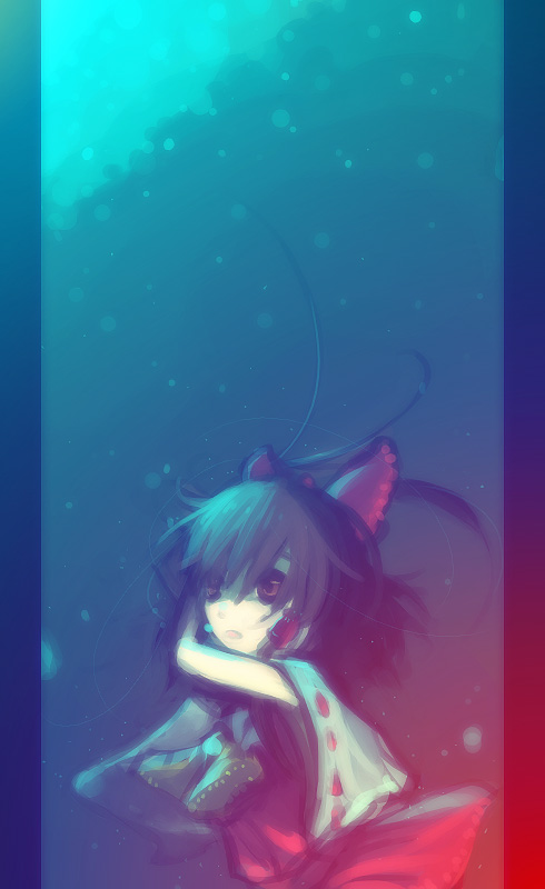 hajimenimodoru, hakurei reimu, touhou, 1girl, ascot, bow, detached sleeves, female focus, hair bow, hair tubes, mid, red bow, red skirt, ribbon-trimmed sleeves, ribbon trim, skirt, solo, upper body, wide sleeves