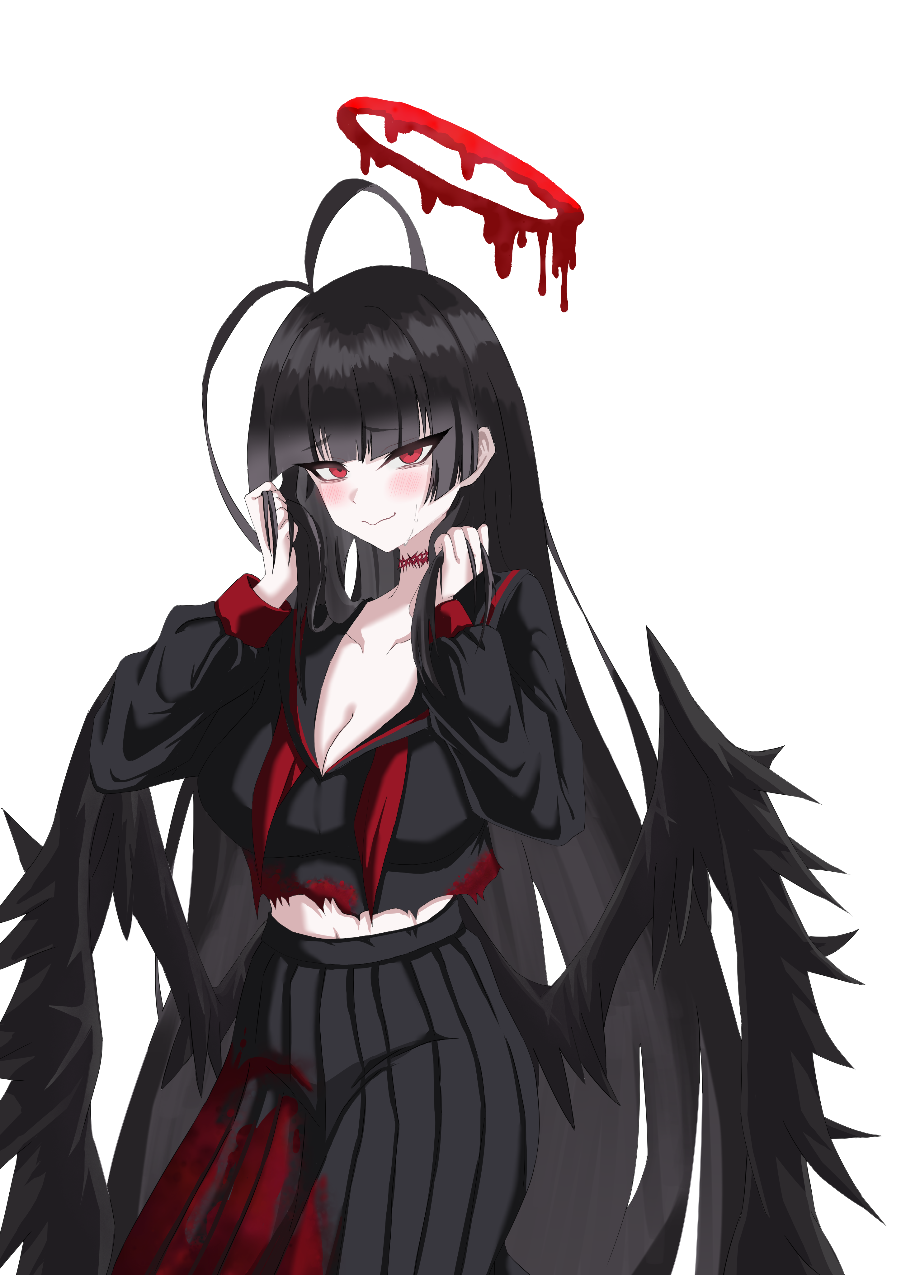 tsurugi (blue archive), blue archive, absurdres, highres, 1girl, antenna hair, black hair, black serafuku, black skirt, black wings, blood, blood halo, blood on clothes, blush, breasts, cleavage, closed mouth, halo, large breasts, liquid halo, low wings, neckerchief, pale skin, red eyes, red neckerchief, school uniform, serafuku, simple background, skirt, solo, spica (53 trump), sweat, undone neckerchief, white background, wings