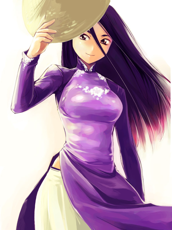yurikawa, source request, 1girl, ao dai, black hair, brown eyes, dress, female focus, hat, hat tip, holding, holding unworn clothes, holding unworn hat, long hair, midriff, purple dress, purple hair, rice hat, smile, solo, unworn hat, unworn headwear, white background