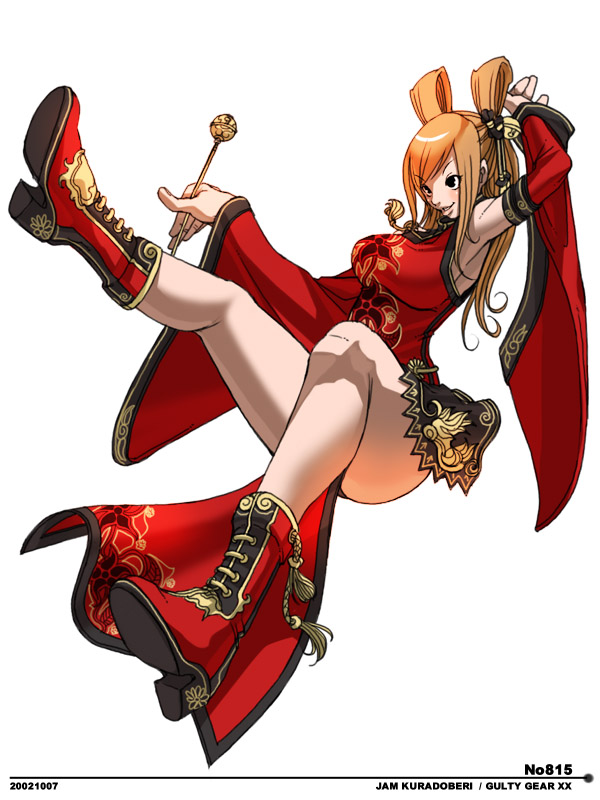 falcoon, kuradoberi jam, arc system works, guilty gear, guilty gear xx, 1girl, arm up, armpits, bell, black eyes, blush, boots, character name, china dress, chinese clothes, copyright name, dated, detached sleeves, dress, female focus, floral print, from side, full body, grin, hair bell, hair ornament, hair rings, half updo, high heel boots, high heels, jingle bell, leg up, legs, long hair, orange hair, red dress, side slit, simple background, smile, solo, twintails, white background, wide sleeves