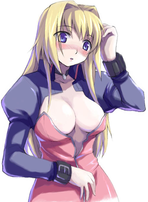 hisakawa chin, 1girl, blonde hair, blue eyes, blush, breasts, cleavage, female focus, long hair, simple background, solo