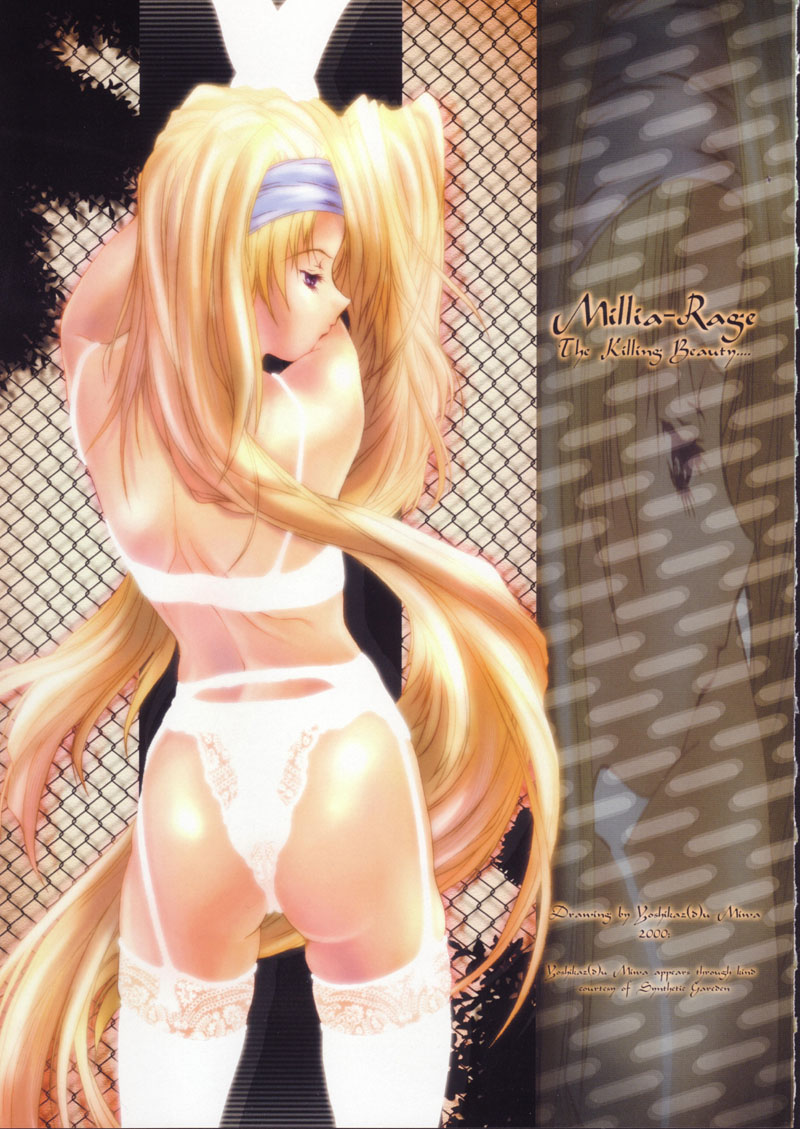 miwa yoshikazu, millia rage, arc system works, guilty gear, 1girl, ass, blonde hair, bra, female focus, garter belt, garter straps, lingerie, long hair, panties, purple eyes, solo, thighhighs, underwear, underwear only, very long hair