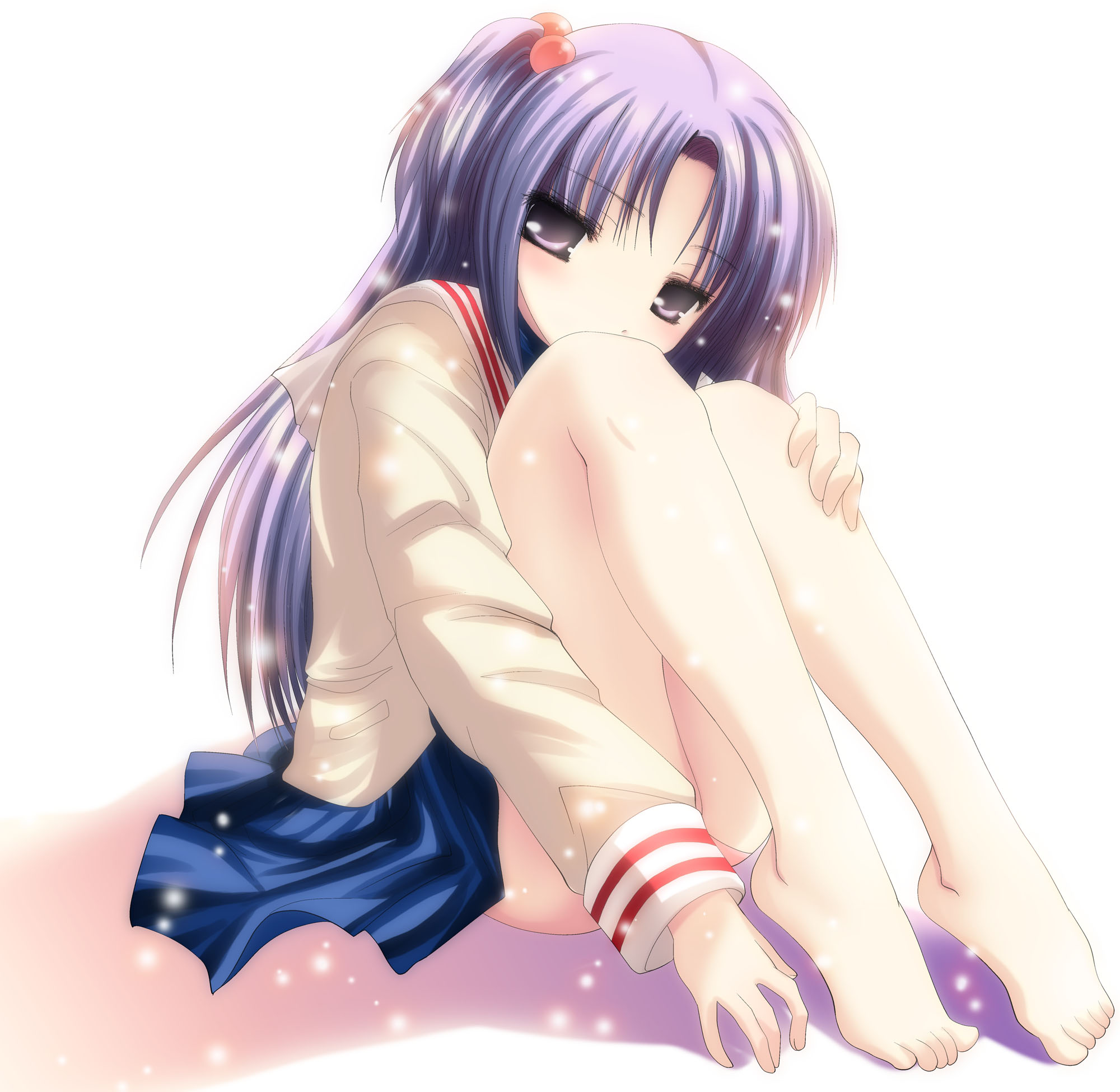namamo nanase, ichinose kotomi, clannad, highres, 00s, 1girl, barefoot, feet, female focus, hair bobbles, hair ornament, long hair, purple eyes, purple hair, school uniform, serafuku, solo, two side up