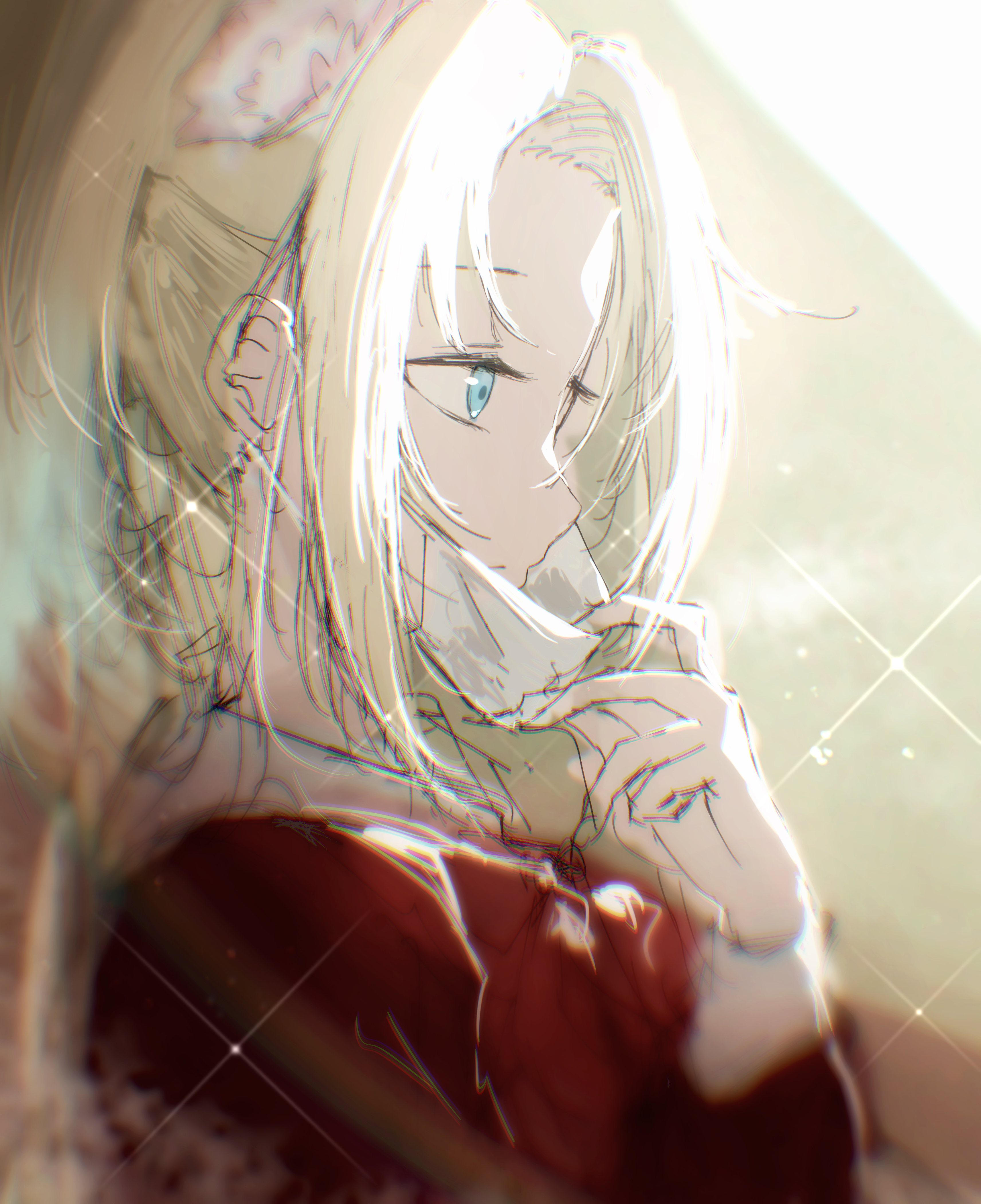 syoma (1026syoma), osawa rurino, link! like! love live!, love live!, absurdres, commentary request, highres, 1girl, blonde hair, blue eyes, brown dress, collar, dress, expressionless, flower, from side, hair flower, hair ornament, hasu no sora school uniform, long hair, long sleeves, mask, mask pull, mouth mask, portrait, sailor collar, school uniform, sketch, solo, virtual youtuber, white sailor collar, winter uniform