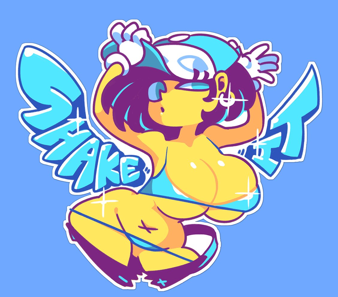 minuspal, original, 1girl, aqua background, aqua bikini, aqua eyes, arms up, baseball cap, bikini, black hair, breasts, cleavage, colored skin, earrings, english text, gloves, graffiti, half-:o, hat, hoop earrings, jewelry, large breasts, looking at viewer, navel, open mouth, standing, swimsuit, thong, thong bikini, white gloves, wide hips, yellow skin