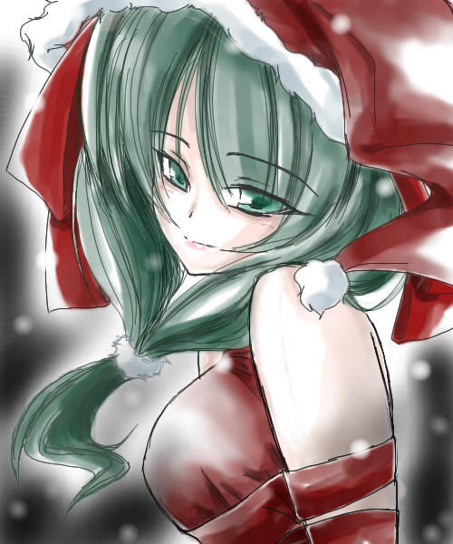 kagiyama hina, touhou, 1girl, christmas, female focus, front ponytail, hat, santa costume, santa hat, snowing, solo