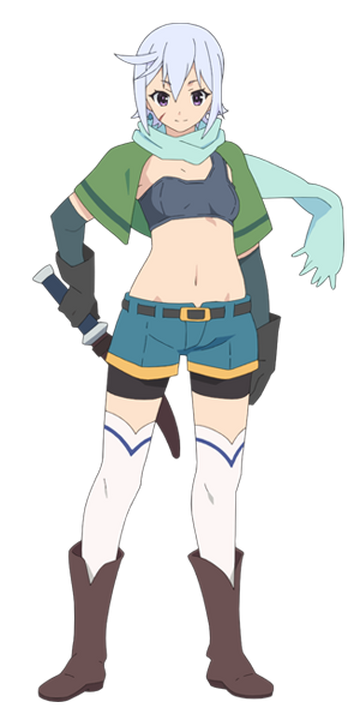 chris (konosuba), kono subarashii sekai ni shukufuku wo!, highres, official art, 1girl, anime coloring, aqua scarf, belt, belt buckle, black belt, black gloves, breasts, buckle, cape, closed mouth, crop top, dagger, denim, denim shorts, earrings, elbow gloves, facial scar, gloves, green cape, grey hair, groin, hair between eyes, jewelry, knife, long scarf, looking at viewer, navel, purple eyes, scar, scar on cheek, scar on face, scarf, short hair, short shorts, shorts, side ahoge, sidelocks, small breasts, smile, solo, standing, weapon