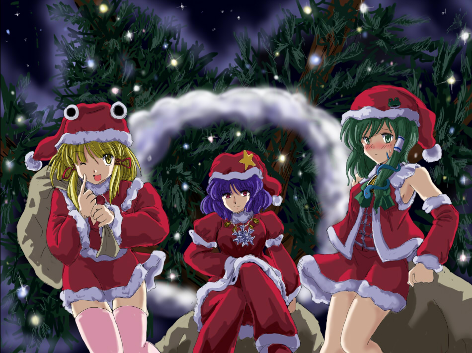 flx, kochiya sanae, moriya suwako, yasaka kanako, touhou, eyebrows, pink legwear, 3girls, adapted costume, blonde hair, blush, christmas, christmas tree, crossed legs, detached sleeves, dress, embarrassed, female focus, finger to cheek, frog hair ornament, fur trim, green eyes, green hair, hair ornament, hair ribbon, hat, medium hair, miniskirt, multiple girls, night, night sky, onbashira, one eye closed, pants, puffy sleeves, purple hair, red dress, red eyes, red pants, red ribbon, red shirt, ribbon, sack, santa costume, santa hat, shirt, short hair, skirt, sky, snow, snowing, star (symbol), star hair ornament, thighhighs, yellow eyes, zettai ryouiki