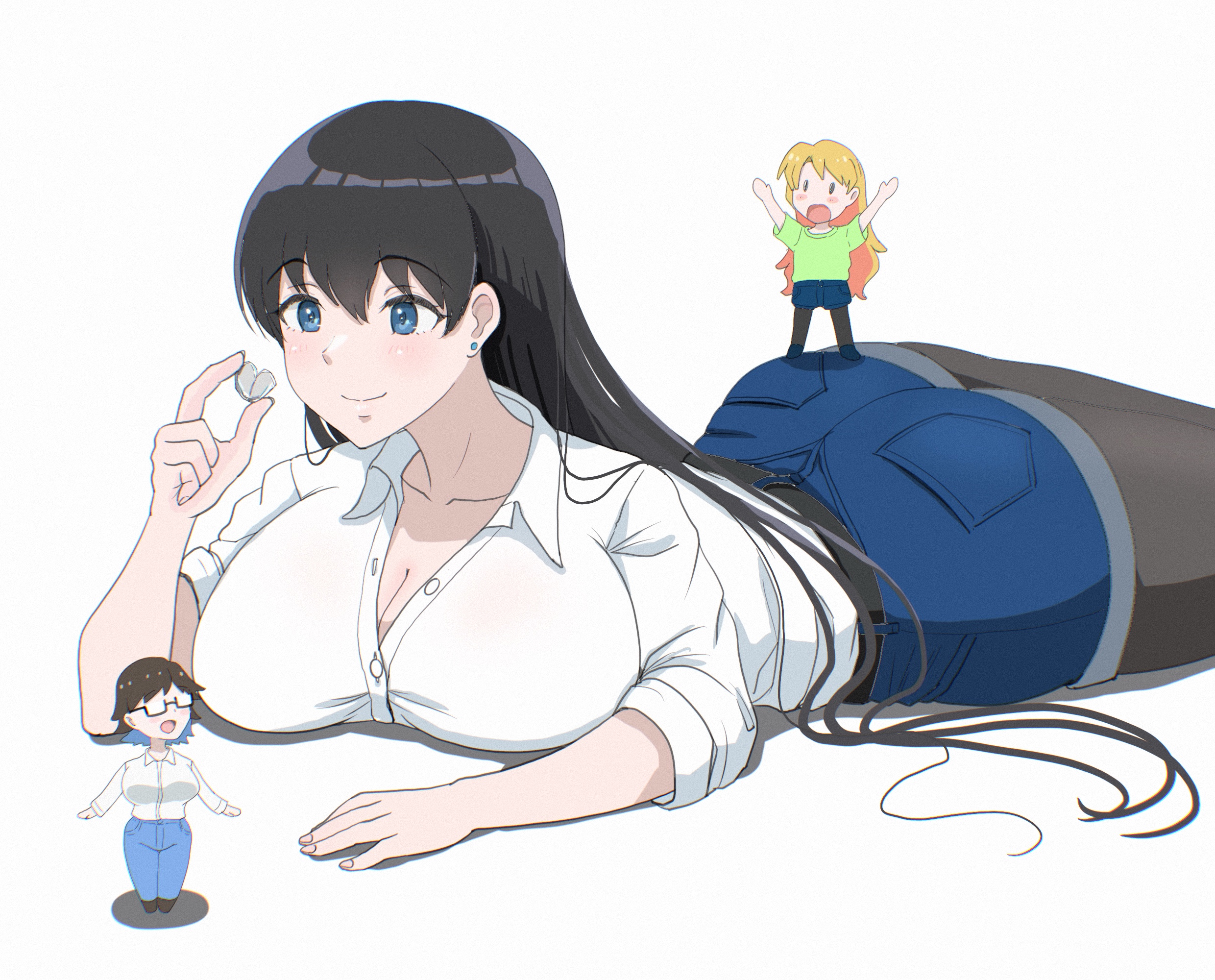 osage gankyou, arato nagi, imari youko, tanigawa ruri, ruri no houseki, commentary request, highres, 3girls, ass, black hair, black pantyhose, blue eyes, blue hair, blue pants, blue shorts, breast press, breasts, brown hair, cleavage, collarbone, collared shirt, colored inner hair, denim, denim shorts, earrings, glasses, green shirt, holding, jeans, jewelry, large breasts, long hair, lying, mini person, minigirl, multicolored hair, multiple girls, on stomach, orange hair, pants, pantyhose, rock, semi-rimless eyewear, shirt, shorts, simple background, smile, standing, stud earrings, two-tone hair, under-rim eyewear, white background, white shirt
