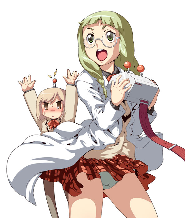 caryo, tabigarasu, nonomura ayumi, suzugasaki chie, suzugazaki chie, hyakko, 00s, 2girls, glasses, lab coat, multiple girls, panties, pantyhose, pantyshot, robot, underwear, upskirt