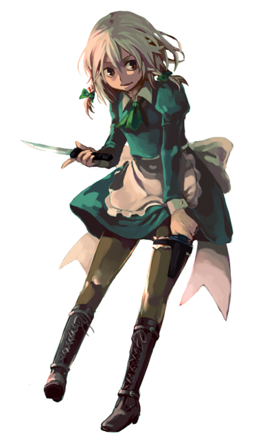 takishima asaka, izayoi sakuya, touhou, silver hair, 1girl, braid, brown pantyhose, female focus, pantyhose, short hair, solo, twin braids