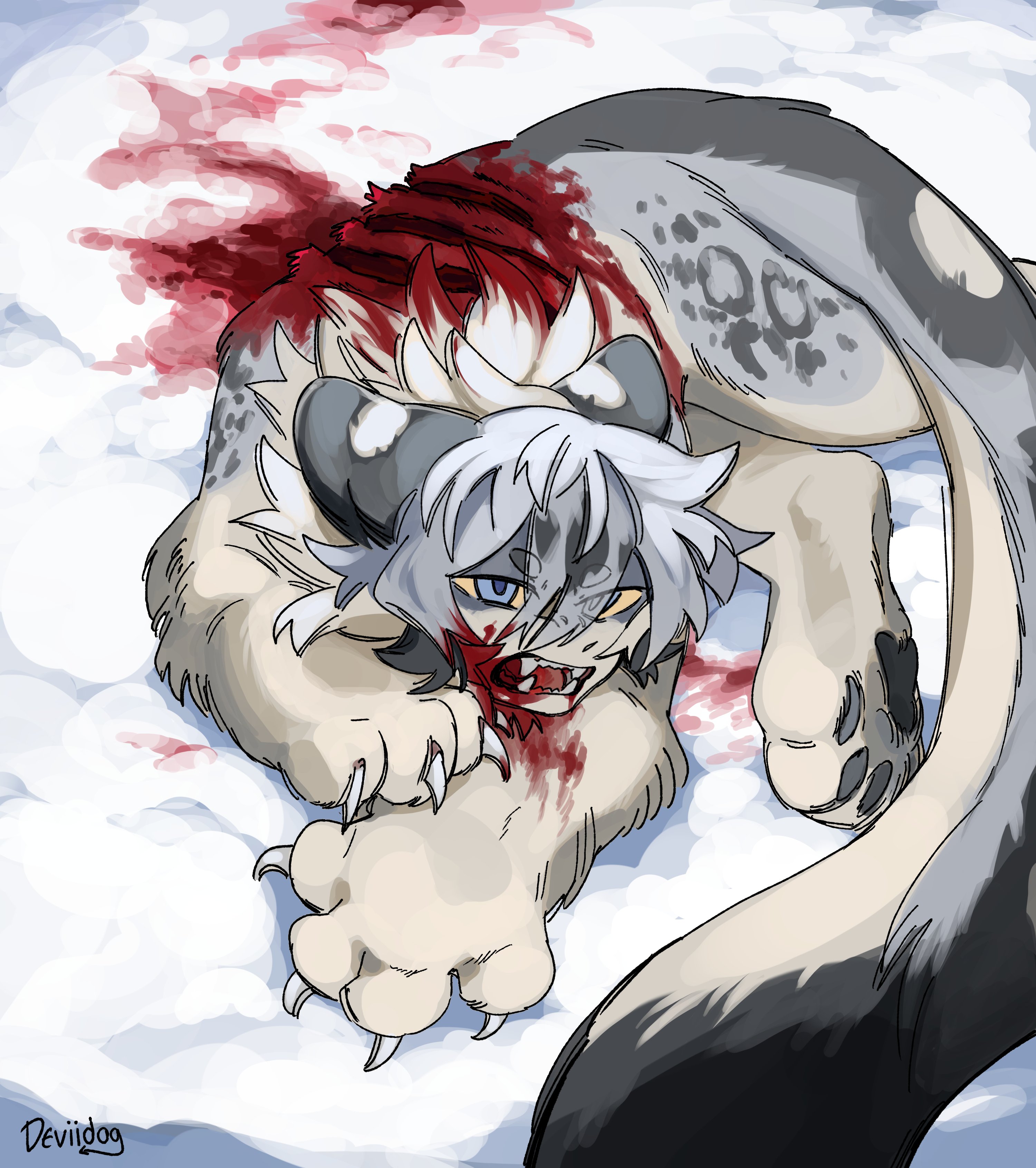 deviidog0, original, absurdres, commentary, english commentary, highres, 1boy, bleeding, blood, blood from mouth, blood on back, blood on face, blue eyes, claws, colored sclera, fangs, full body, grey hair, human head, injury, looking at viewer, lying, male focus, monster boy, open mouth, outdoors, short hair, snow, snow leopard boy, solo, tail, white background, yellow sclera