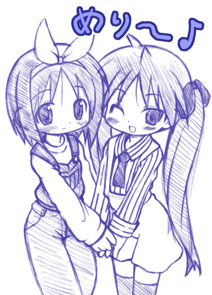 matsubara ryuu, hiiragi kagami, hiiragi tsukasa, lucky star, 00s, 2girls, monochrome, multiple girls, purple theme, siblings, sisters, thighhighs, twins