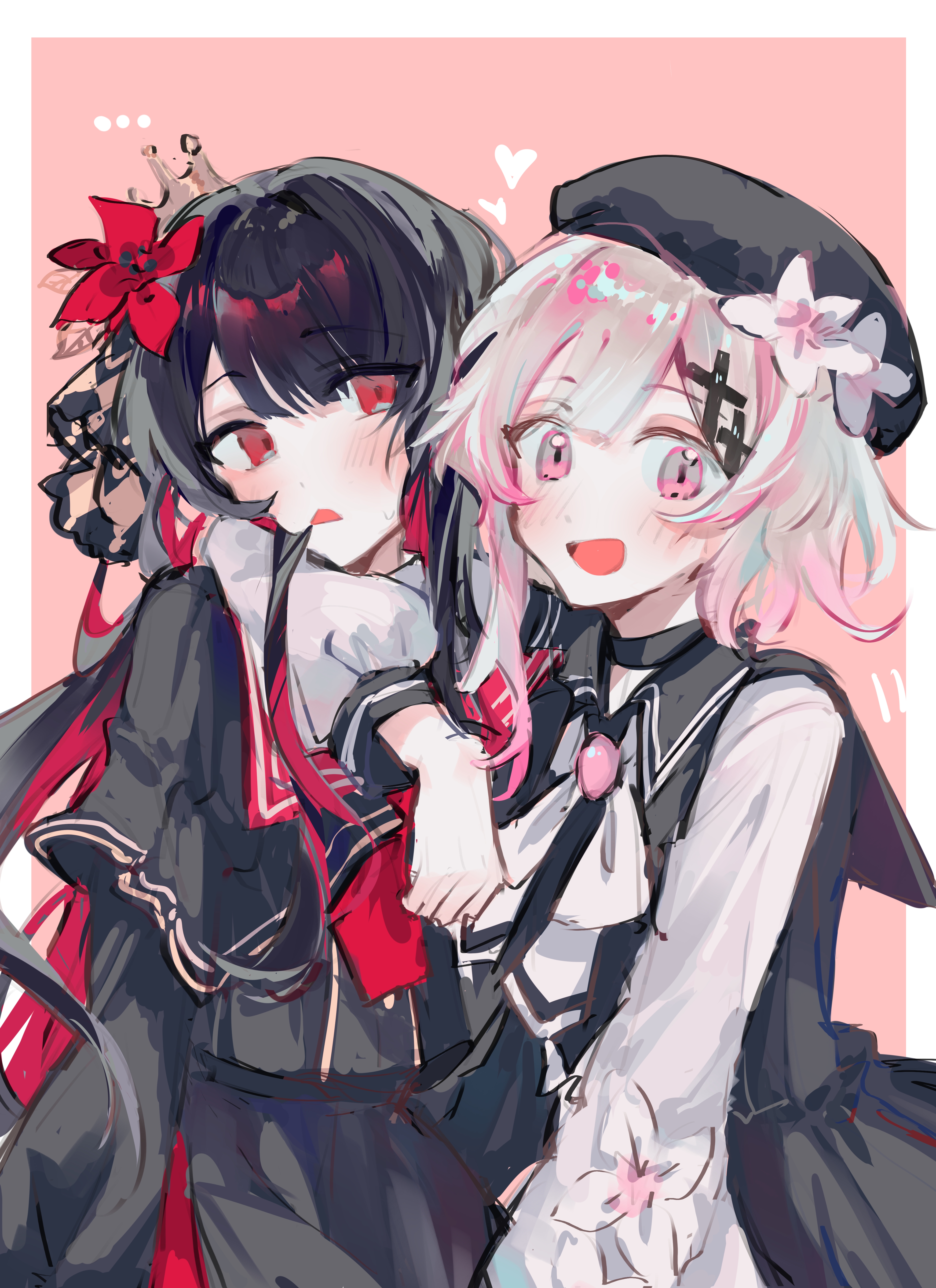 nikaidou hiro, sakuraba ema, mahou shoujo no majo saiban, absurdres, chinese commentary, commentary request, highres, …, 2girls, :d, arm over head, beret, black capelet, black choker, black hair, black hat, black shirt, border, capelet, choker, cowboy shot, flower, hair flower, hair ornament, hairclip, hat, heart, long hair, long sleeves, looking at another, looking at viewer, magical girl, multicolored hair, multiple girls, open mouth, outside border, pink background, pink eyes, red eyes, red flower, ribbon, shirt, short hair, smile, standing, white border, white flower, white hair, white ribbon, x hair ornament, xiu nai dong