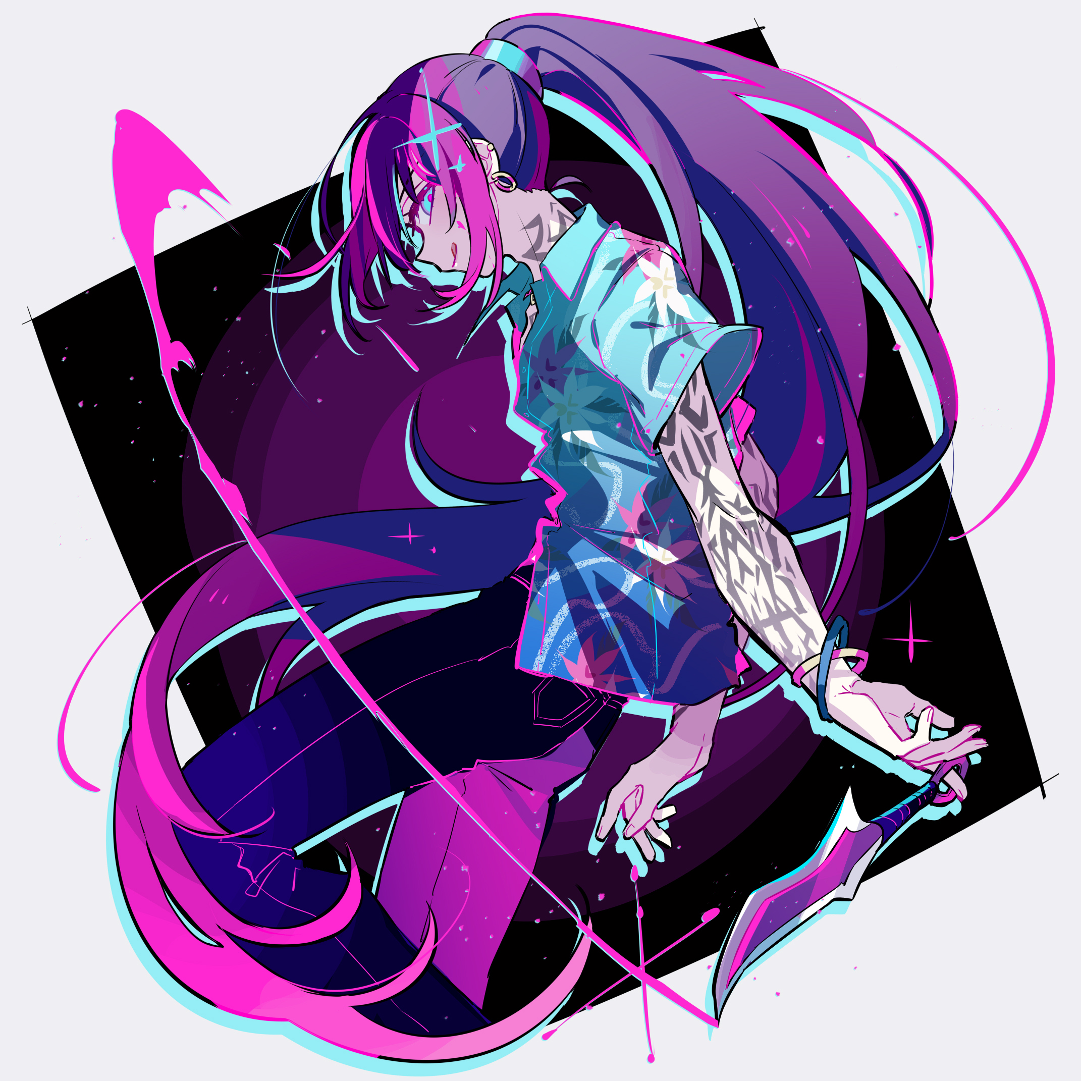 shiki (shikki46), hong lu (project moon), limbus company, project moon, highres, 1boy, arm tattoo, black background, black hair, black pants, blood, blue eyes, blue shirt, border, collared shirt, dagger, grey border, hawaiian shirt, high ponytail, holding, holding dagger, holding knife, holding weapon, knife, long hair, looking at viewer, male focus, neck tattoo, pants, pink blood, ponytail, shirt, short sleeves, simple background, solo, sparkle, standing, tattoo, tingtang gang (identity) (project moon), tongue, tongue out, upper body, very long hair, weapon