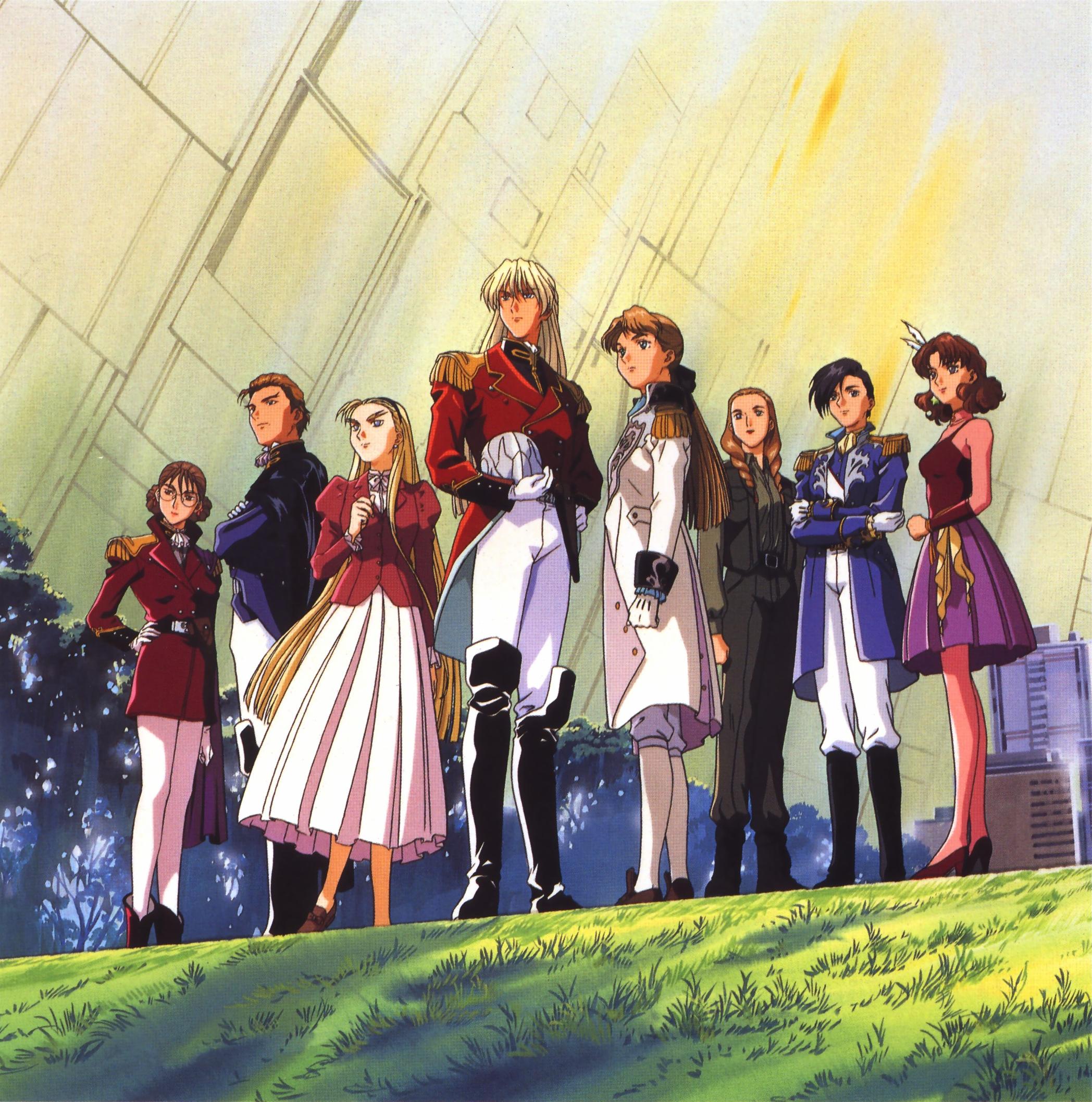 murase shuko, catherine bloom, dorothy catalonia, lady une, lucrezia noin, milliardo peacecraft, relena peacecraft, sally po, treize khushrenada, zechs merquise, gundam, gundam wing, highres, 1990s (style), 2boys, 6+girls, ascot, asymmetrical hair, blonde hair, boots, braid, brother and sister, brown hair, epaulettes, everyone, forked eyebrows, glasses, gloves, grass, high heels, long hair, mask, military, military uniform, multiple boys, multiple girls, pantyhose, plant, retro artstyle, shoes, siblings, space, tree, twin braids, white pantyhose