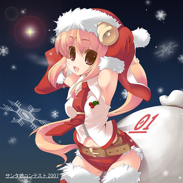 amanooni touri, 1girl, bell, brown eyes, christmas, female focus, red hair, santa costume, solo, thighhighs