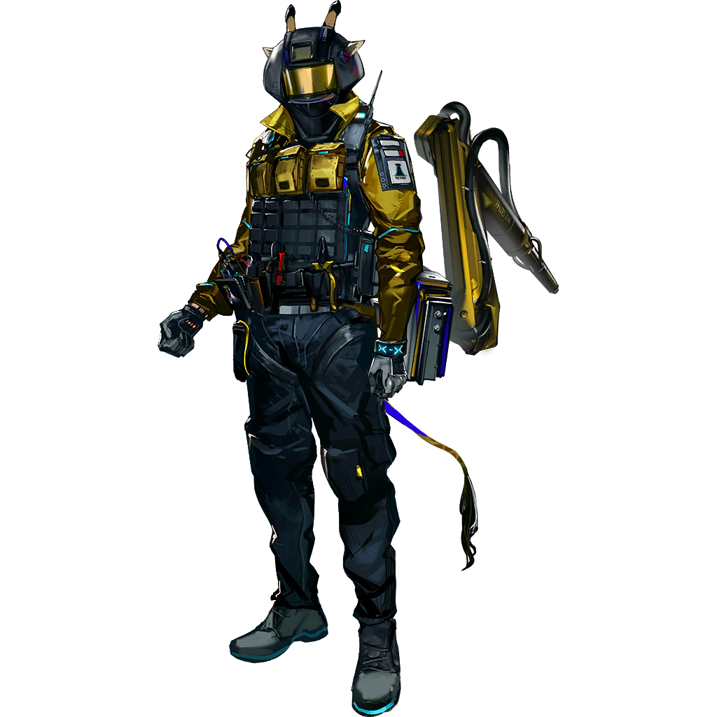 cenm0, infection monitor (arknights), arknights, official art, third-party source, 1boy, animal ears, full body, giraffe boy, giraffe ears, giraffe horns, giraffe tail, horns, male focus, mechanist (arknights), rhodes island logo (arknights), rhodes island uniform, simple background, solo, standing, tachi-e, tactical clothes, tail, transparent background