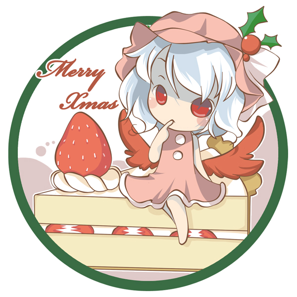 munyumunyu, yuge sasatarou, remilia scarlet, touhou, 1girl, albino, barefoot, blush, cake, cake slice, chibi, christmas, english text, female focus, food, fruit, hat, merry christmas, pastry, red eyes, sitting, solo, strawberry, strawberry shortcake, whipped cream, white hair