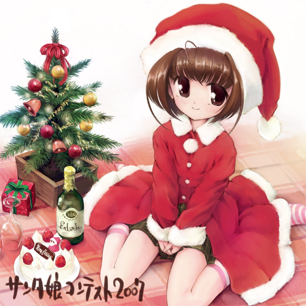 mimukamu, original, 1girl, alcohol, blush, bottle, brown eyes, brown hair, cake, champagne, christmas, christmas tree, cup, drinking glass, female focus, food, fruit, hat, kneehighs, looking at viewer, pastry, santa costume, santa hat, sitting, skirt, socks, solo, strawberry, striped clothes, striped socks, wariza, wine glass