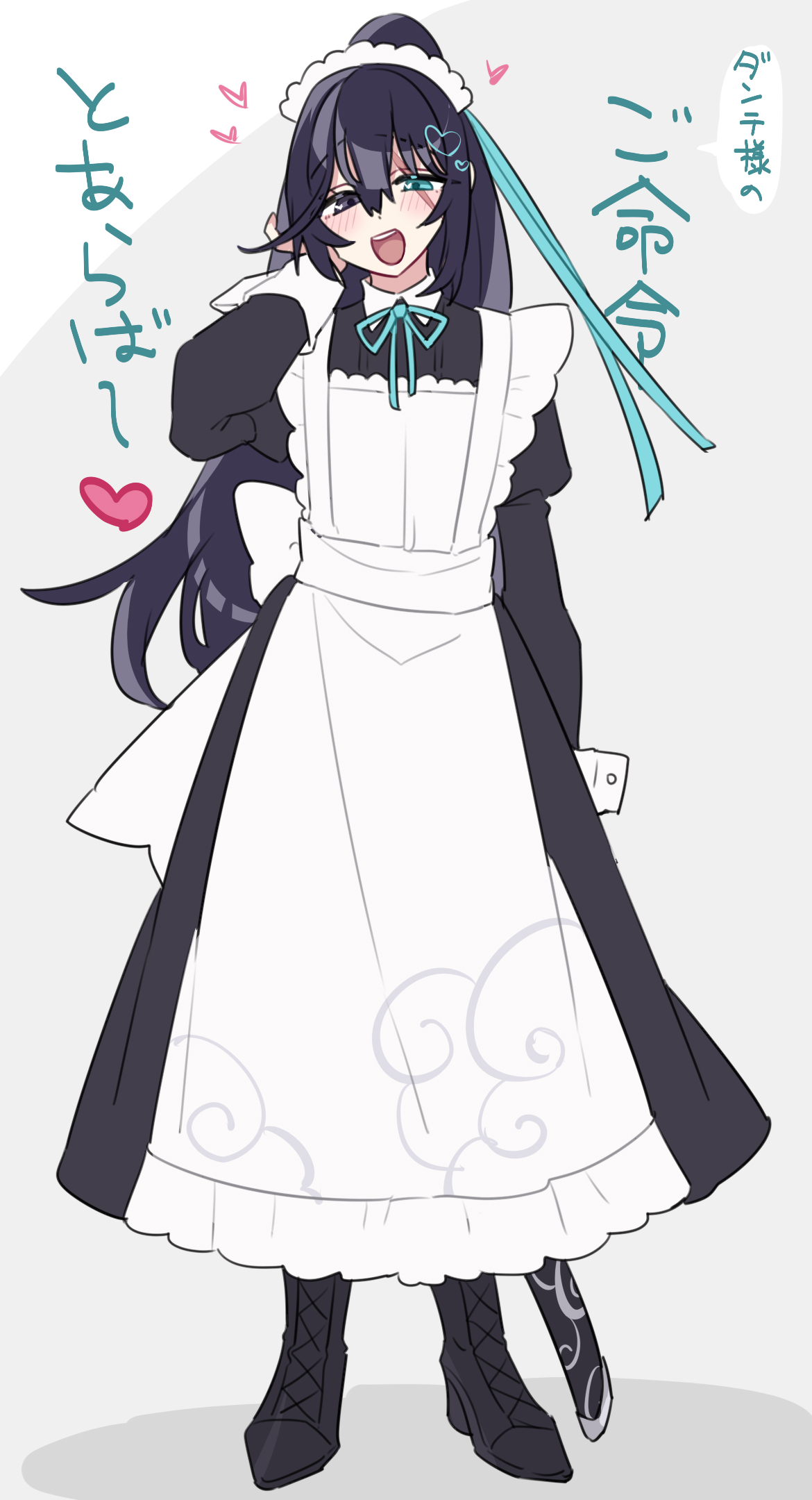 shiki (shikki46), hong lu (project moon), kurokumo clan (identity) (project moon), limbus company, project moon, highres, 1boy, :d, alternate costume, apron, black dress, black eyes, black hair, black shoes, blue eyes, blue ribbon, bow, crossdressing, crossdressing (mtf), dress, full body, heart, heterochromia, high ponytail, juliet sleeves, long hair, long sleeves, looking at viewer, maid, maid apron, maid headdress, male focus, male maid, open mouth, ponytail, puffy sleeves, ribbon, scar, scar across eye, scar on face, shoes, simple background, smile, solo, standing, very long hair, white apron, white bow