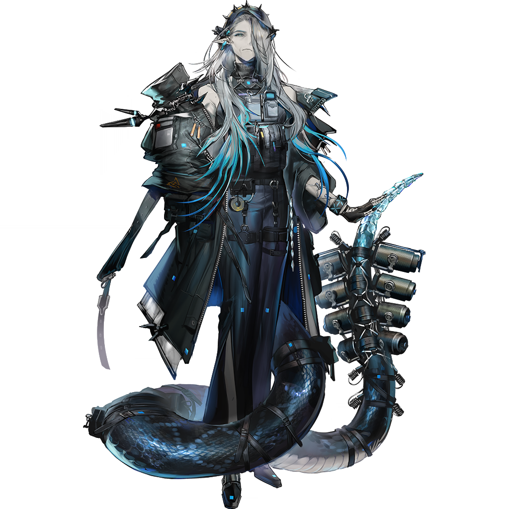infection monitor (arknights), arknights, official art, third-party source, 1girl, banban (vvvviiiiiia), full body, grey hair, mantra (arknights), pointy ears, rattlesnake, rhodes island uniform, simple background, snake girl, snake tail, solo, standing, tachi-e, tail, transparent background