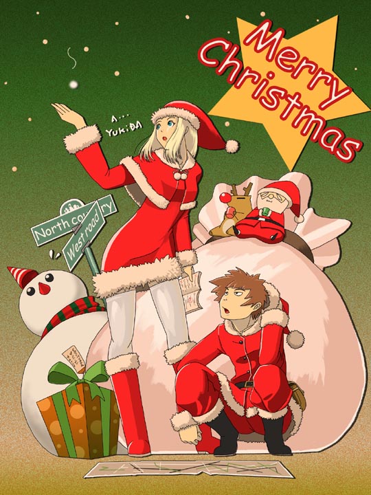 kousaka kotohiko, original, christmas, gift, map, santa costume, snowman, thighhighs