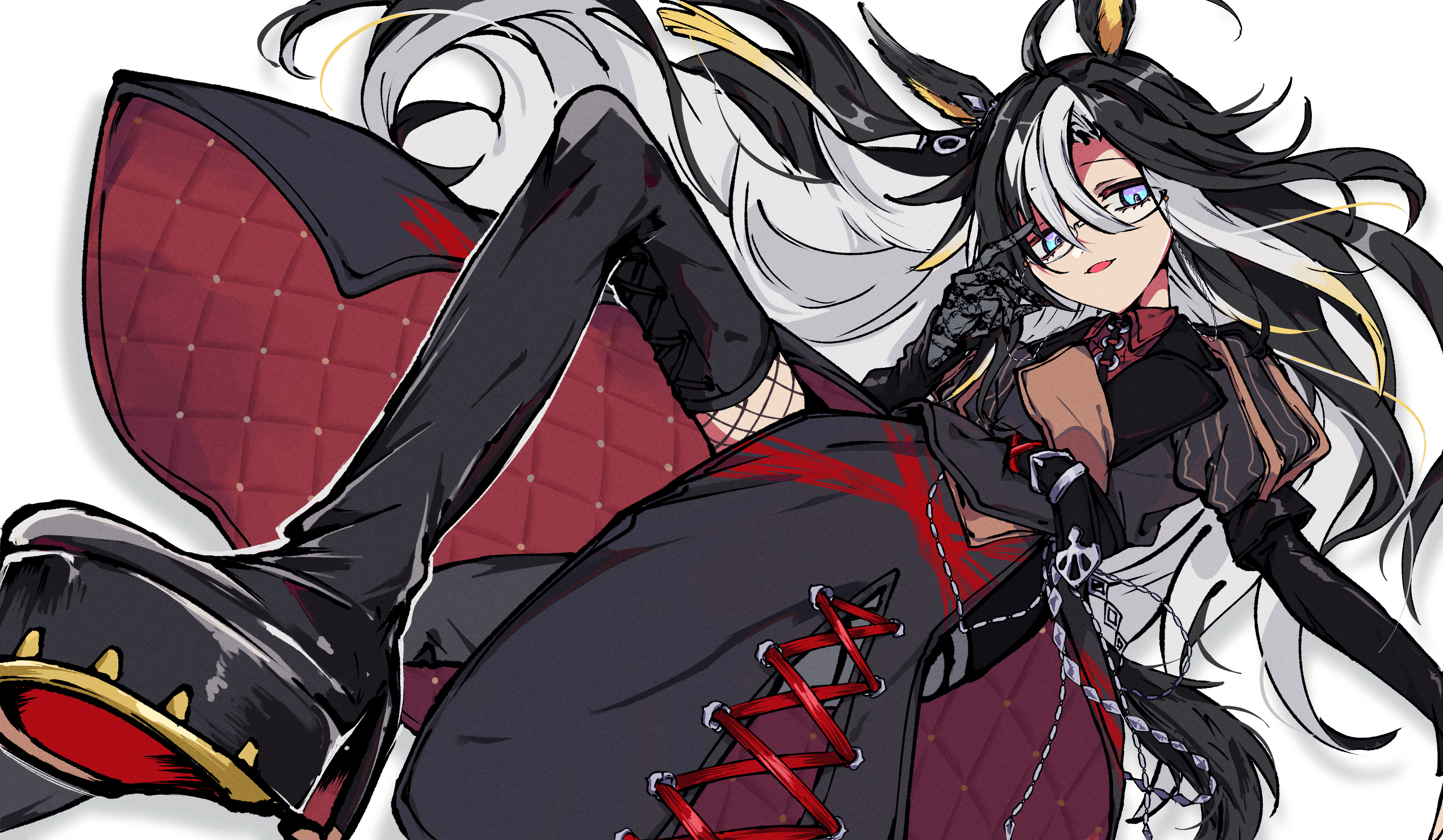 oyami, dream journey (umamusume), umamusume, absurdres, highres, 1girl, animal ears, black boots, black shoes, blue eyes, boots, eyewear strap, fishnets, glasses, horse ears, horse girl, horse tail, long hair, multicolored hair, shoes, solo, streaked hair, tail