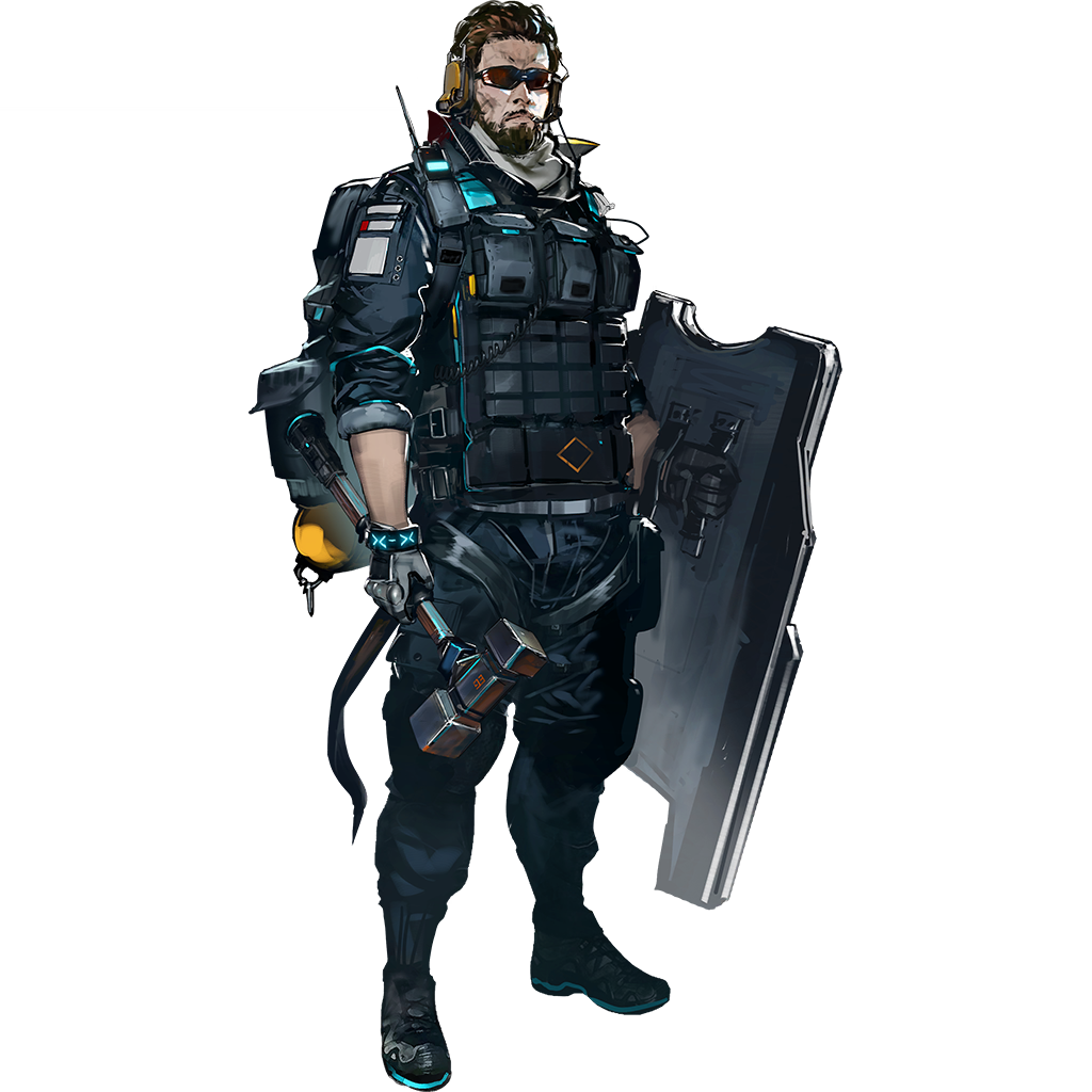 ace (arknights), infection monitor (arknights), arknights, official art, third-party source, 1boy, full body, male focus, rhodes island uniform, simple background, solo, standing, tachi-e, tactical clothes, transparent background