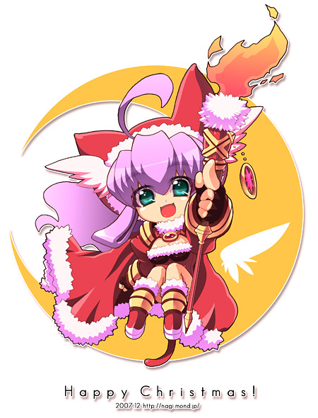 tatsukawa nagi, tagme, boots, chibi, christmas, green eyes, purple hair, red boots, santa costume, solo