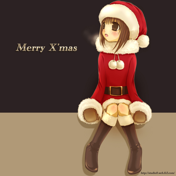 studio8, original, blush, boots, brown boots, brown eyes, brown hair, christmas, dress, santa costume, santa dress, solo, thighhighs, zettai ryouiki