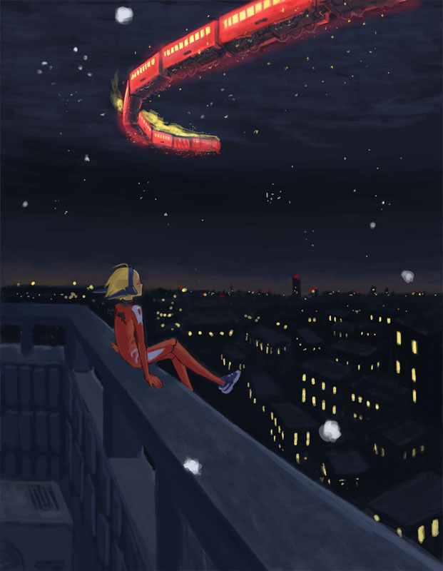 snow (artist), gender request, androgynous, blonde hair, christmas, city, locomotive, night, scenery, shoes, sneakers, solo, star (symbol), steam locomotive, train
