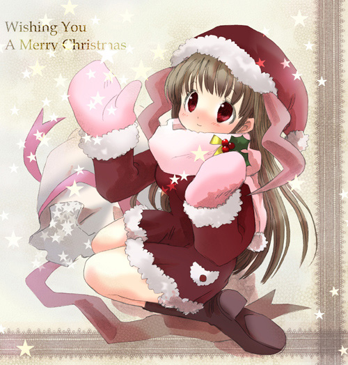 shigahanako, original, 1girl, brown hair, christmas, female focus, mittens, red eyes, santa costume, solo
