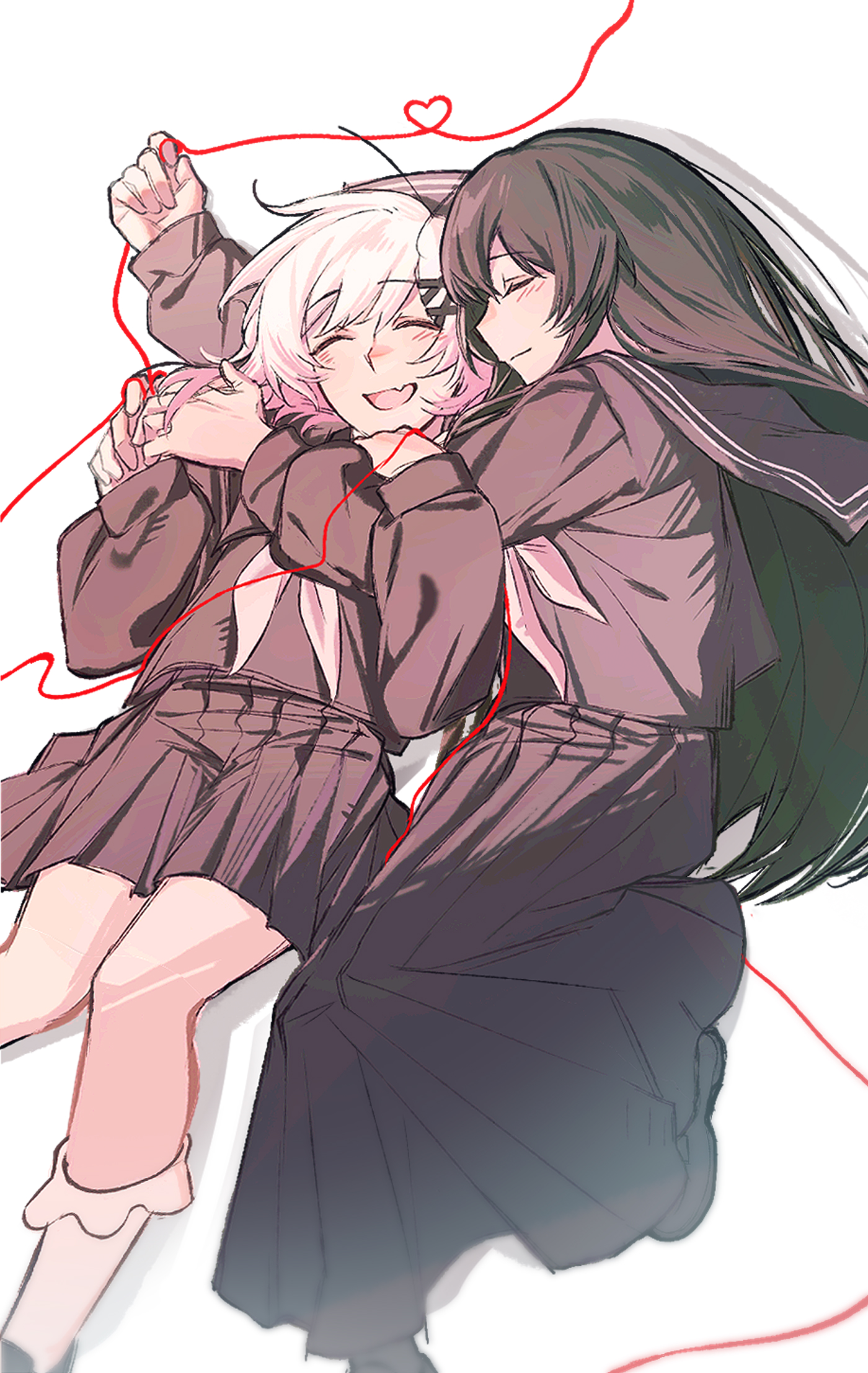 nikaidou hiro, sakuraba ema, mahou shoujo no majo saiban, highres, 2girls, black hair, black serafuku, black shirt, black skirt, blush, closed eyes, closed mouth, cuddling, fang, heart, heart of string, heihuamu1, long hair, long sleeves, lying, multiple girls, necktie, on back, on side, open mouth, pink hair, pink necktie, pleated skirt, school uniform, serafuku, shirt, simple background, skin fang, skirt, smile, string, string of fate, white background, yuri