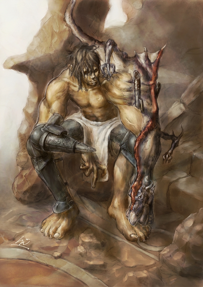 morino hiro, original, mutant, 1boy, full body, leg armor, loincloth, male focus, messy hair, monster, solo, topless male