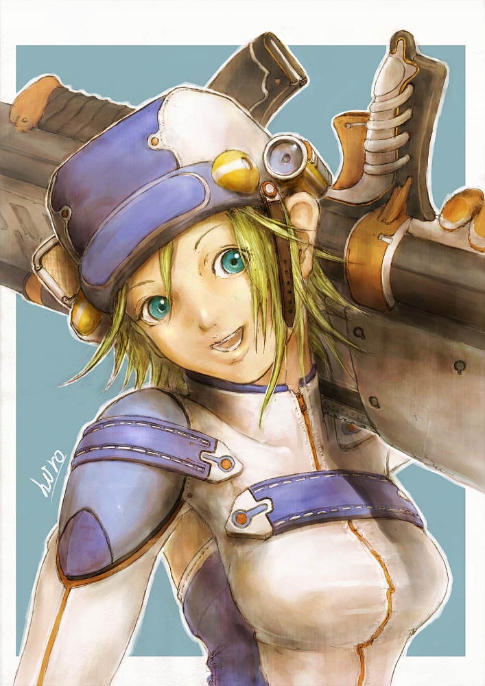 morino hiro, original, tagme, blonde hair, green eyes, gun, solo, weapon