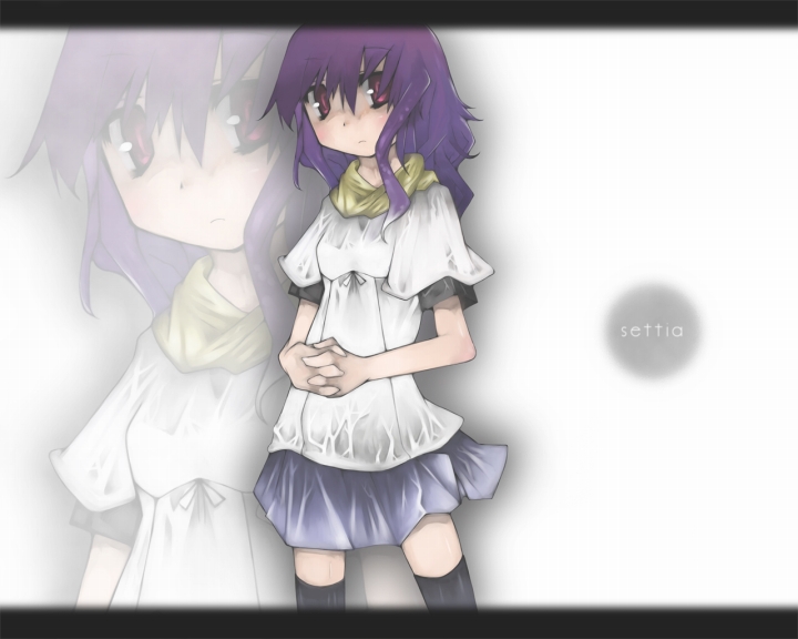 cusui, 1girl, female focus, purple hair, red eyes, skirt, solo, standing, thighhighs, zettai ryouiki, zoom layer