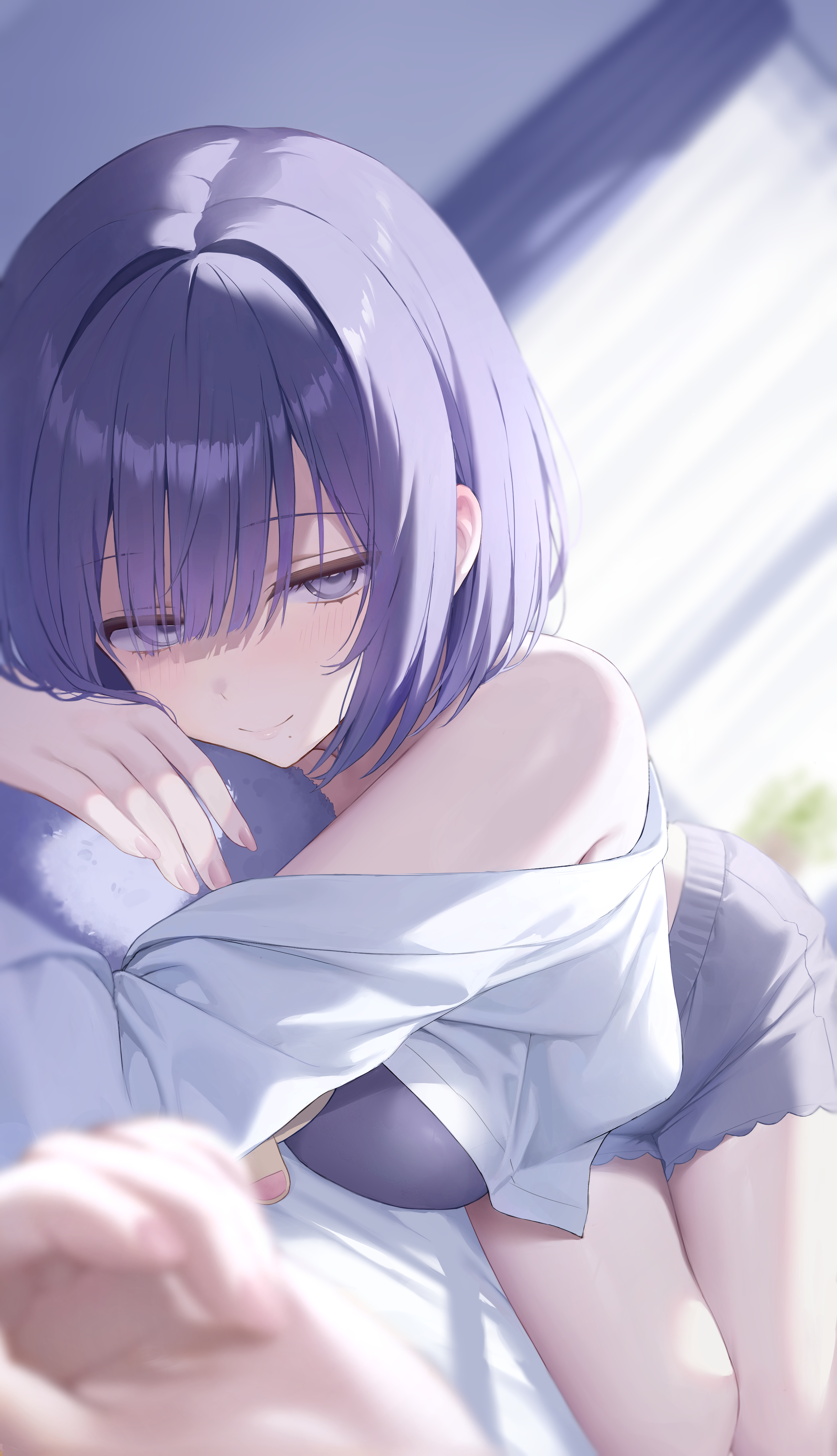 hibimaru, hataya misuzu, gakuen idolmaster, idolmaster, absurdres, commentary request, highres, 1girl, 1other, bare shoulders, bed sheet, blue eyes, blue hair, blurry, breasts, closed mouth, depth of field, double-parted bangs, grey shorts, hair intakes, indoors, looking at viewer, mole, mole under mouth, on bed, pov, pov hands, short hair, short shorts, shorts, smile, thighs
