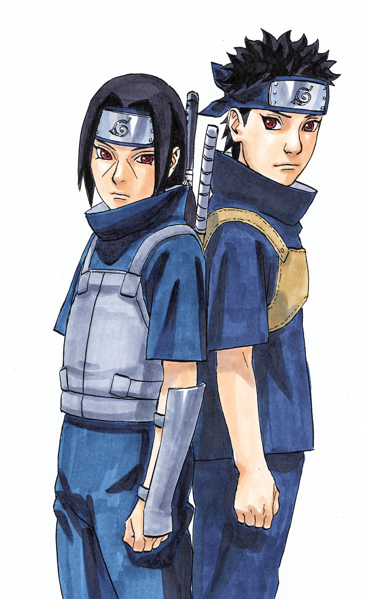 kishimoto masashi, uchiha itachi, uchiha shisui, naruto (series), highres, official art, 2boys, armor, black hair, blue jacket, blue pants, breastplate, facial mark, forehead protector, full body, high collar, jacket, konohagakure symbol, looking at viewer, multiple boys, pants, red eyes, sharingan, short hair, short sleeves, simple background, white background