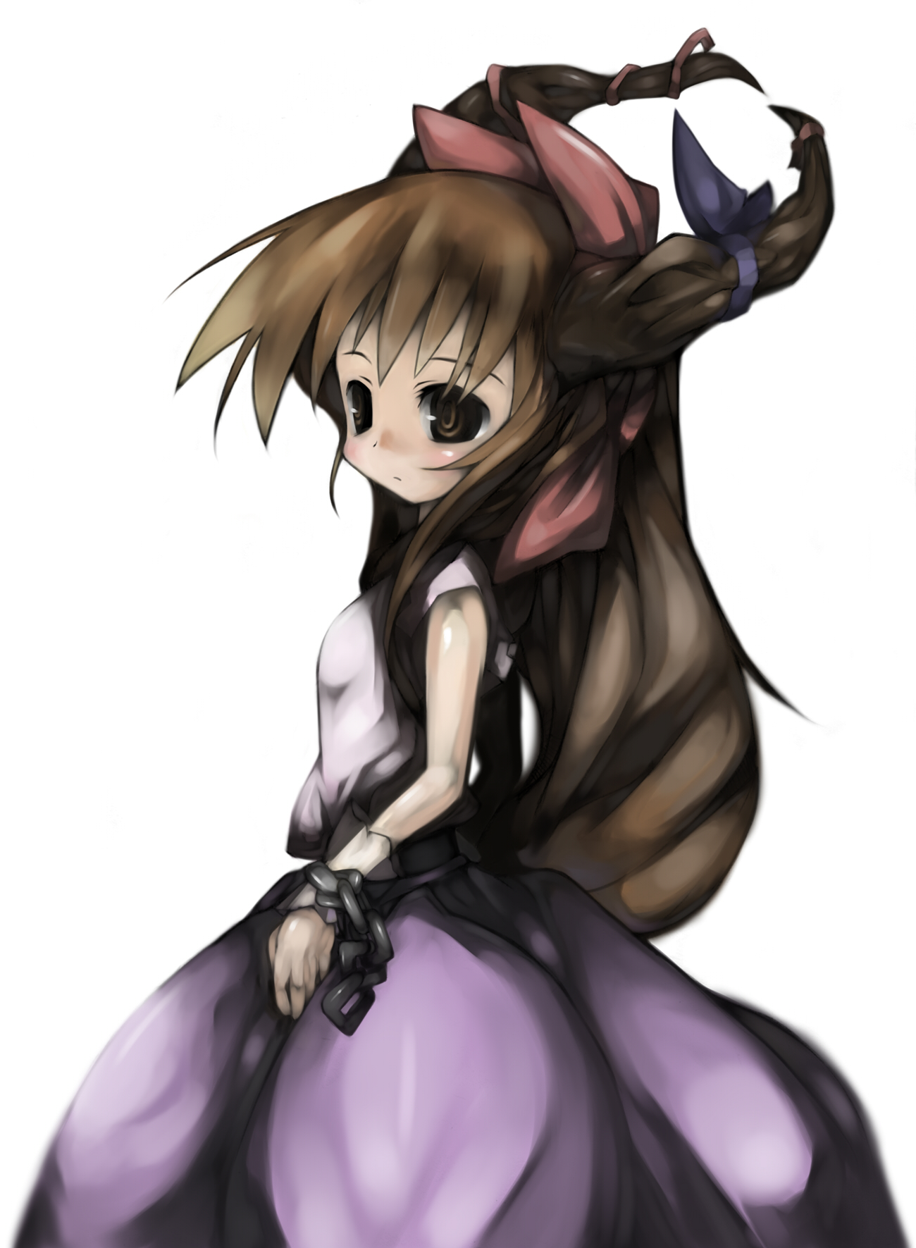 cusui, ibuki suika, touhou, highres, 1girl, bow, brown eyes, brown hair, chain, expressionless, female focus, hair bow, horns, long skirt, simple background, skirt, solo