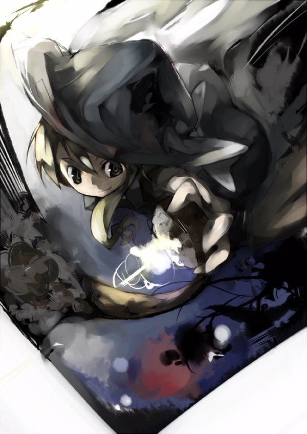 cusui, ph., kirisame marisa, touhou, 1girl, arm up, black hat, blonde hair, bow, broom, broom riding, closed mouth, female focus, flying, from above, hair between eyes, hair bow, hat, holding, long hair, magic, mini-hakkero, night, night sky, outdoors, shade, sky, solo, witch hat, yellow eyes
