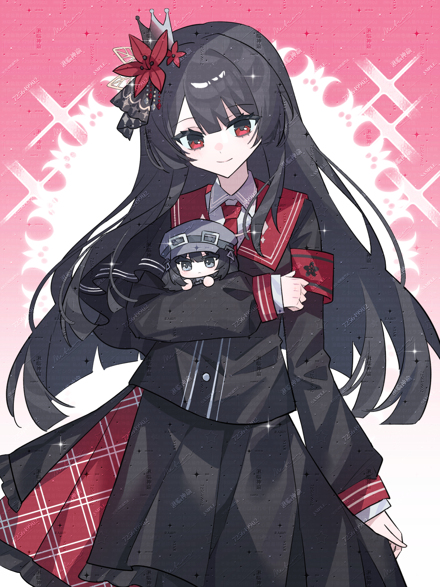 nikaidou hiro, mahou shoujo no majo saiban, artist request, commission, highres, second-party source, 2girls, armband, black capelet, black hair, black shirt, black skirt, blunt bangs, blunt ends, blunt sidelocks, capelet, closed mouth, cowboy shot, flower, hair flower, hair ornament, hime cut, holding, holding mini person, kurobe nanoka, layered skirt, long hair, long sleeves, looking at viewer, magical girl, mini person, minigirl, multiple girls, necktie, pink background, pleated skirt, red armband, red eyes, red flower, red necktie, sample watermark, shirt, sidelocks, skirt, skirt hold, smile, standing, watermark