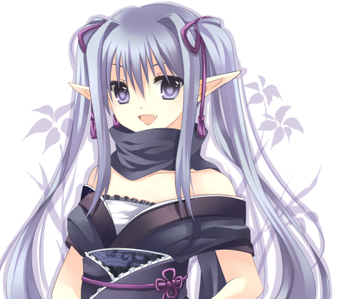 takase kanan, original, silver hair, lowres, 1girl, :d, bare shoulders, fang, female focus, hair ribbon, japanese clothes, kimono, long hair, looking at viewer, looking back, off shoulder, open mouth, pointy ears, purple ribbon, ribbon, sash, scarf, simple background, smile, solo, very long hair, white background