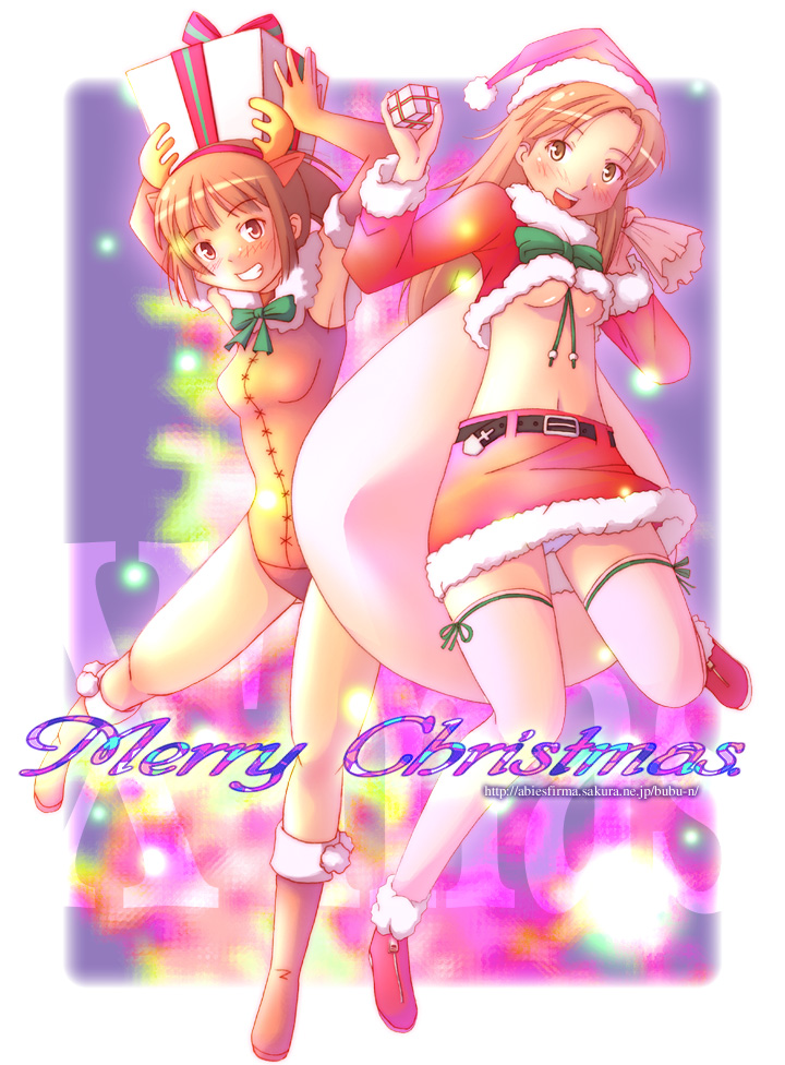 nyazui, kawada tomoko, sakino asuka, kimi kiss, 2girls, christmas, multiple girls, panties, santa costume, thighhighs, underwear