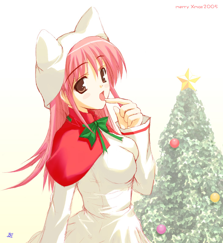 rakkyo, tagme, brown eyes, christmas, licking, pink hair, solo