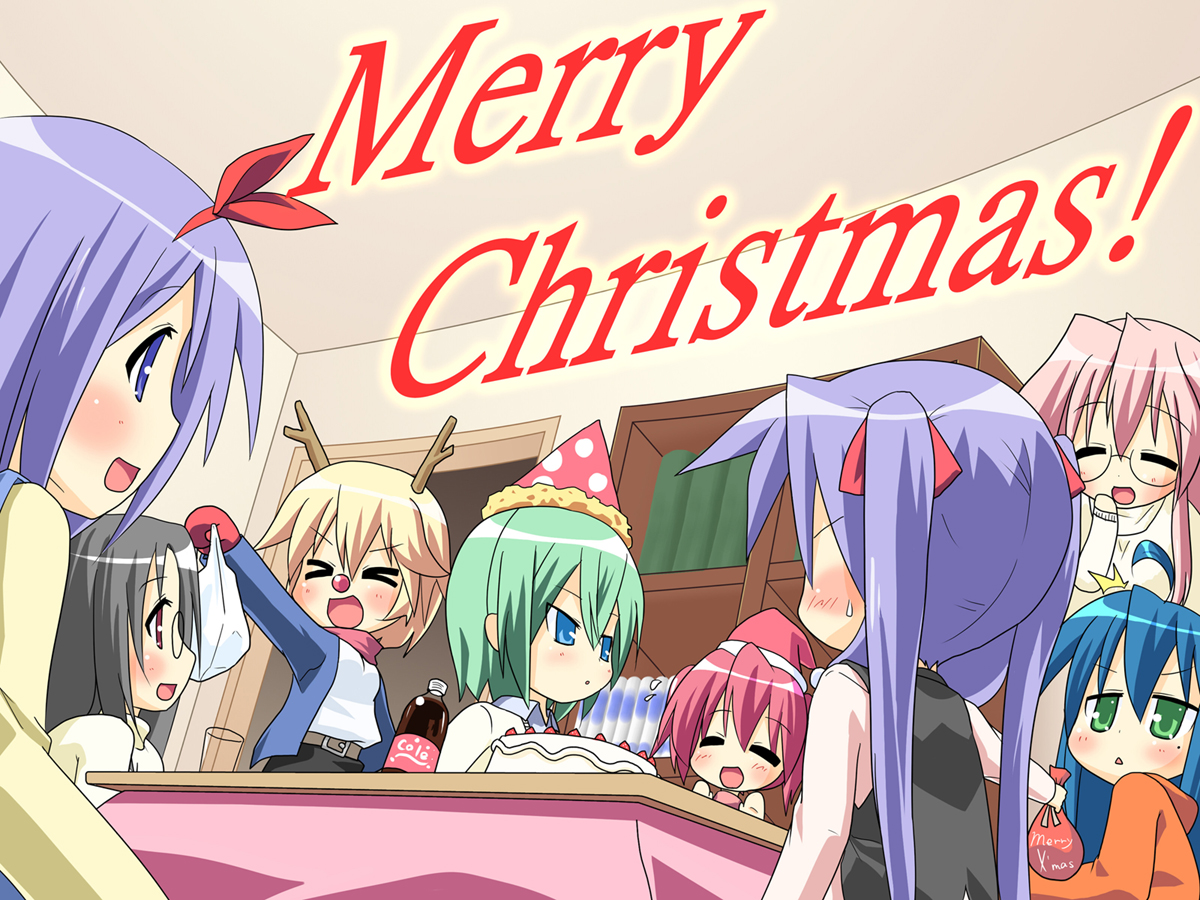 hujikok, hiiragi kagami, hiiragi tsukasa, iwasaki minami, izumi konata, kobayakawa yutaka, patricia martin, takara miyuki, tamura hiyori, lucky star, > <, 00s, 6+girls, ^^^, ahoge, antlers, back, black hair, blonde hair, blue eyes, blue hair, blush, cake, christmas, closed eyes, food, glasses, green eyes, green hair, hat, horns, long hair, multiple girls, party hat, pink hair, purple hair, reindeer antlers, santa hat, short hair, siblings, sisters, sitting, tsundere, twins, twintails