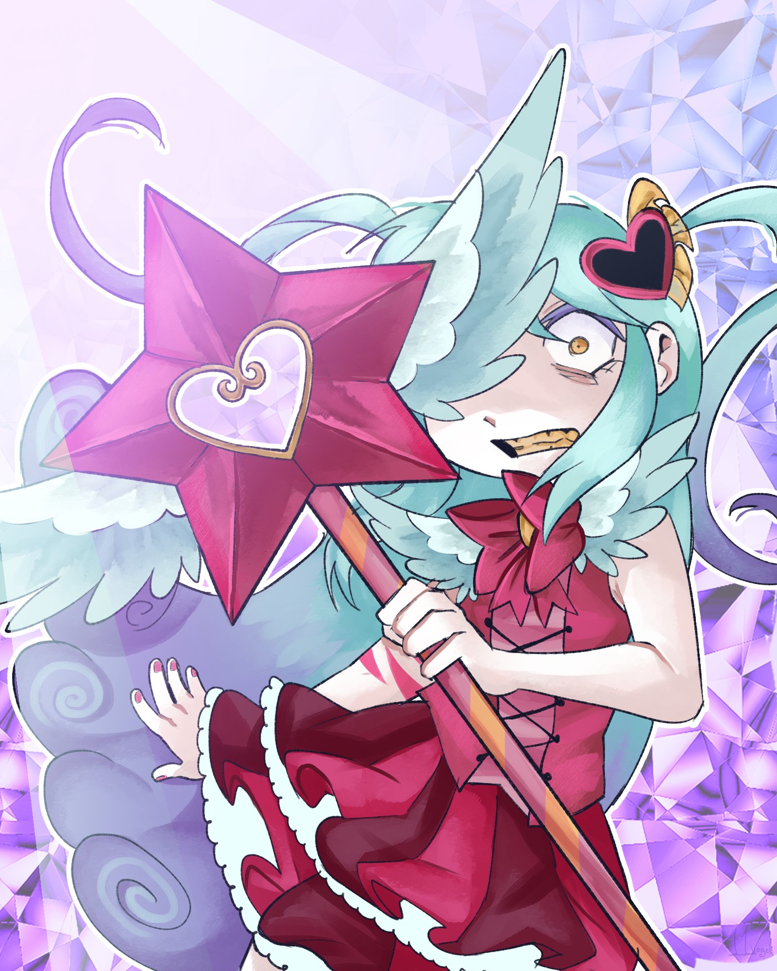 queen of hatred, lobotomy corporation, project moon, highres, 11voegel, 1girl, blue hair, bow, bowtie, clenched teeth, gradient hair, hair ornament, heart, heart hair ornament, holding, holding wand, long hair, looking at viewer, magical girl, multicolored hair, pink bow, pink bowtie, pink nails, pink skirt, pink vest, purple background, purple hair, simple background, skirt, solo, standing, star wand, teeth, two side up, upper body, vest, wand, wide-eyed, winged wand, yellow eyes