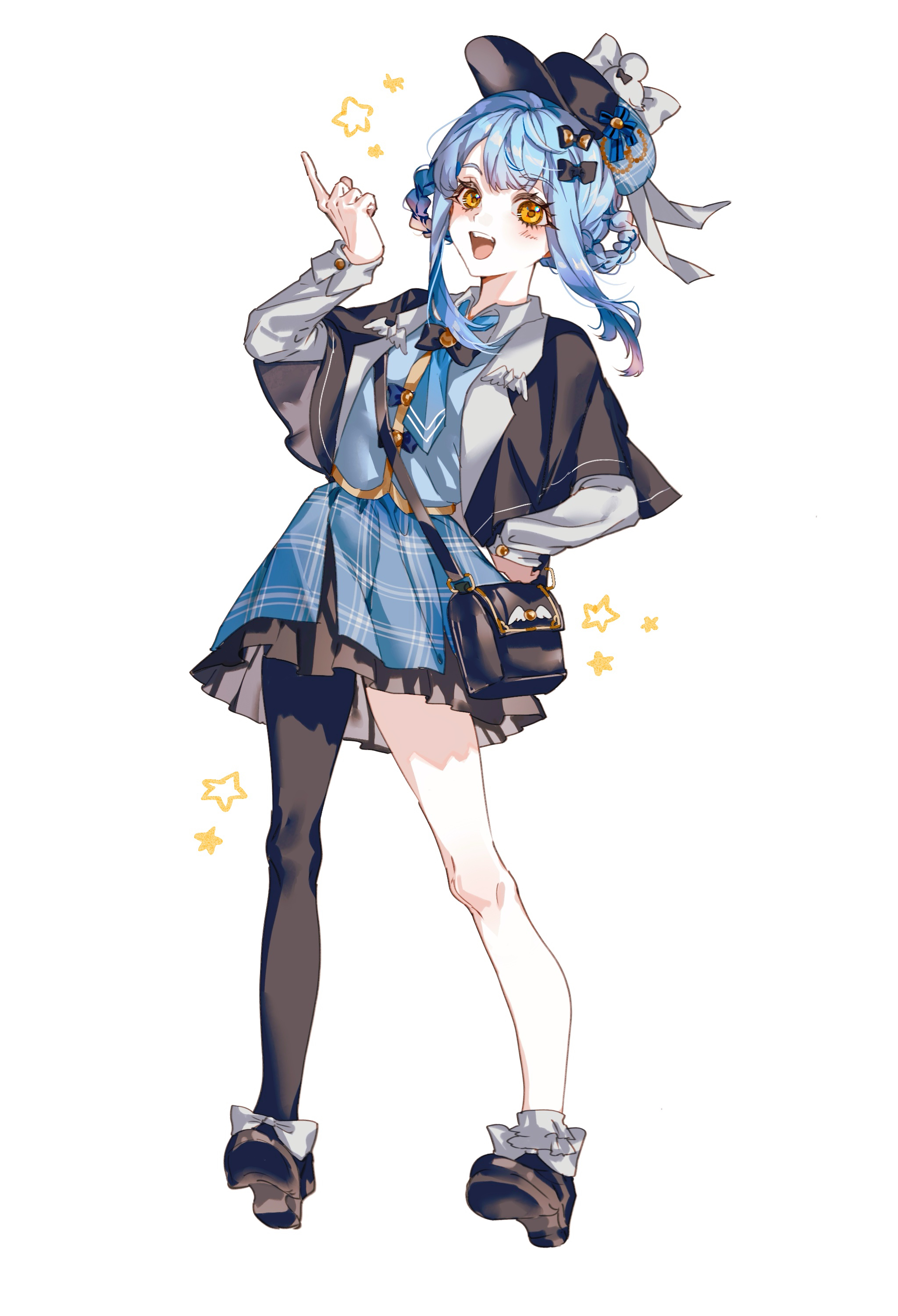 luren yi, tachibana sherry, mahou shoujo no majo saiban, absurdres, chinese commentary, commentary request, highres, 1girl, :d, asymmetrical legwear, black bag, black bow, black hat, black pantyhose, black shoes, blue hair, blue skirt, bow, braid, braided hair rings, deerstalker, detective, frilled skirt, frills, full body, hair rings, hand on own hip, hand up, hat, index finger raised, long sleeves, looking at viewer, magical girl, open mouth, pantyhose, plaid clothes, plaid skirt, shoe soles, shoes, short hair, simple background, single leg pantyhose, skirt, smile, solo, standing, star (symbol), white background, yellow eyes