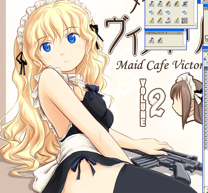 ryp, original, 2girls, bare shoulders, black dress, blonde hair, blue eyes, blush, dress, frills, long hair, looking at viewer, maid, maid headdress, multiple girls, thighhighs, very long hair, wavy hair, zettai ryouiki
