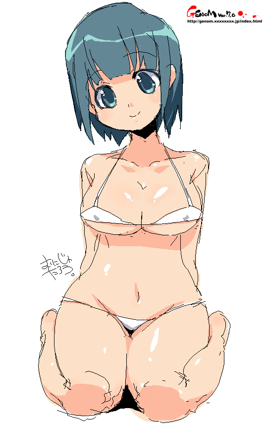 onija tarou, original, 1girl, blue eyes, blue hair, bra, breasts, covered erect nipples, female focus, hip focus, lingerie, matching hair/eyes, oekaki, panties, short hair, smile, solo, underboob, underwear, underwear only, wide hips
